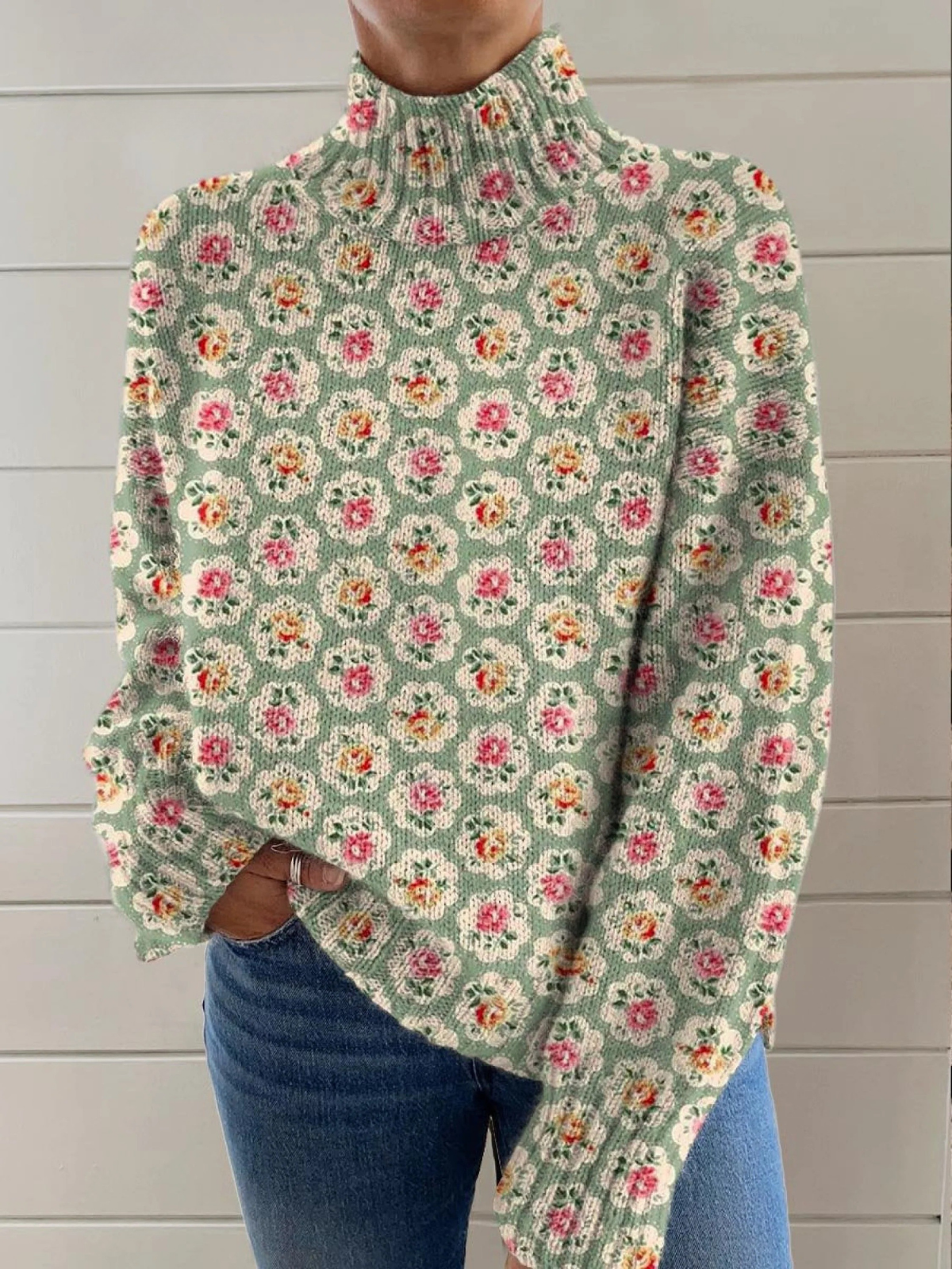 Chloe | Ladies Lovely Floral Art Print Knitted Turtleneck Pullover