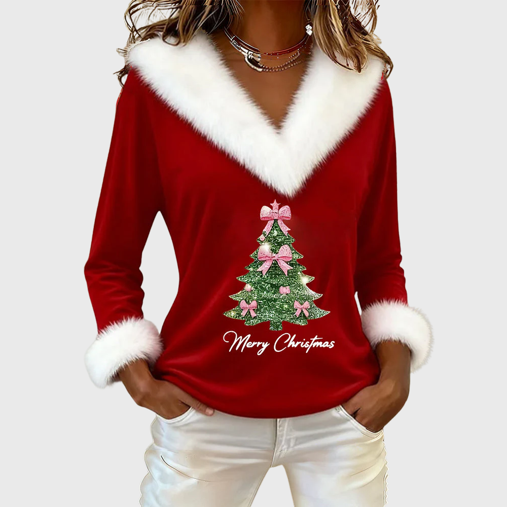Dakota | Large Fur Collar Christmas Print Top