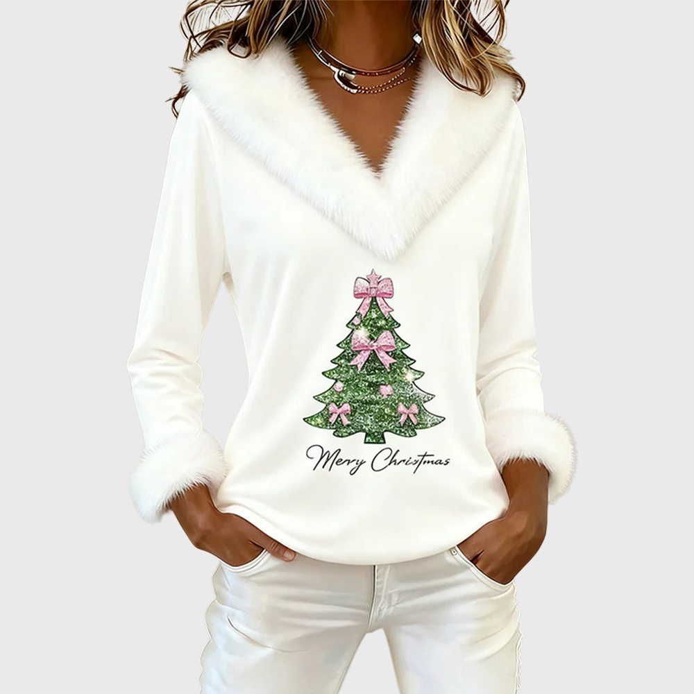 Alice | Large Fur Collar Christmas Print Top