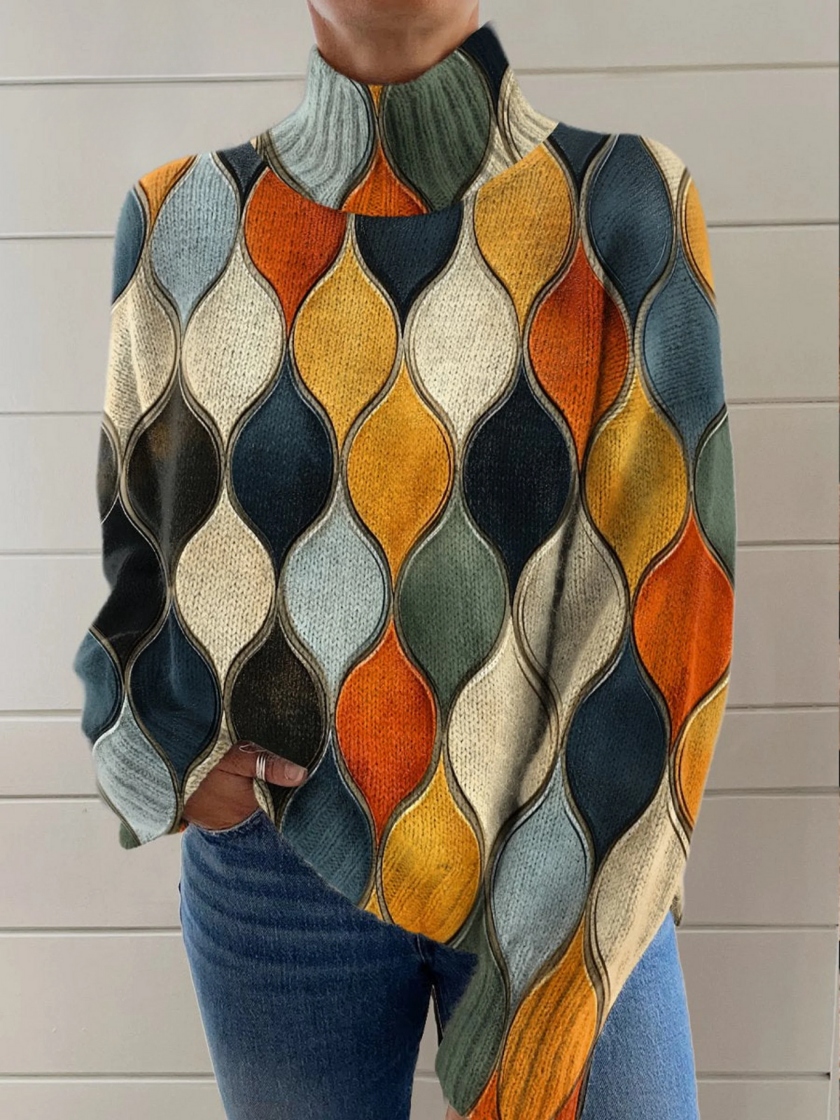 Amelia |Pattern Wavy Lines and Ovals Decorative Pattern Knitted Turtleneck Pullover Sweater