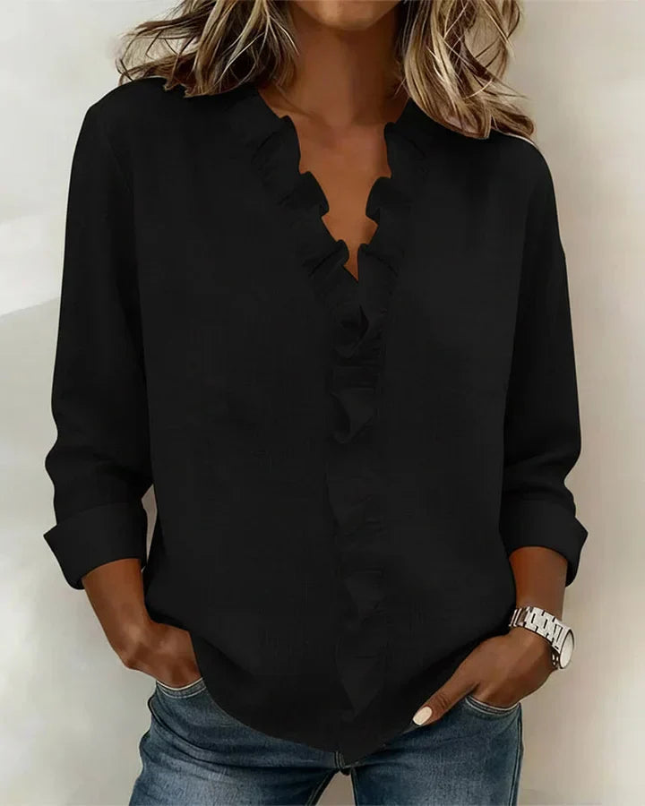 Amora | Blouse with Ruffles, V-Neck and Long Sleeves