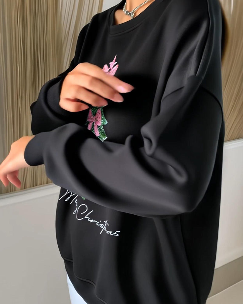 Erin | Round Neck Long Sleeve Christmas Print Sweatshirt
